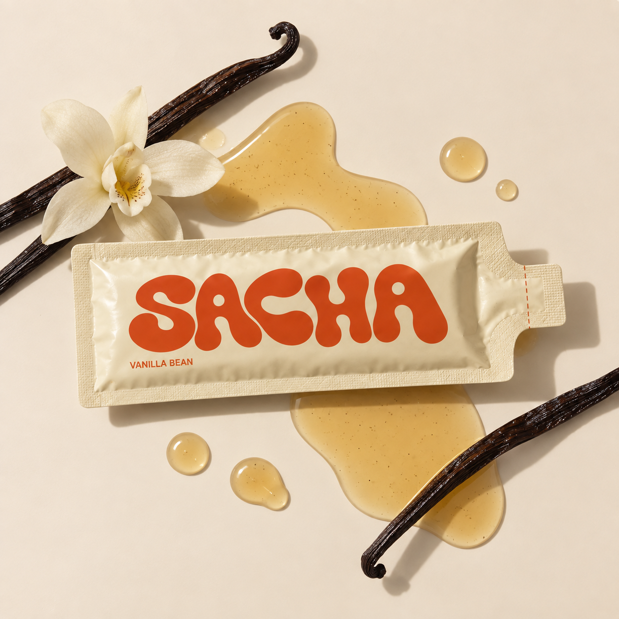 Individual SACHA Vanilla Bean syrup sachet with vanilla pods