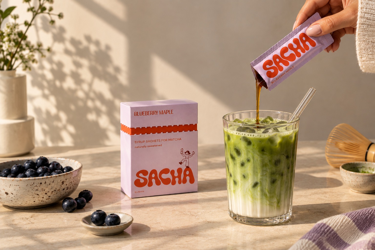 SACHA Blueberry Maple syrup being poured into an iced matcha